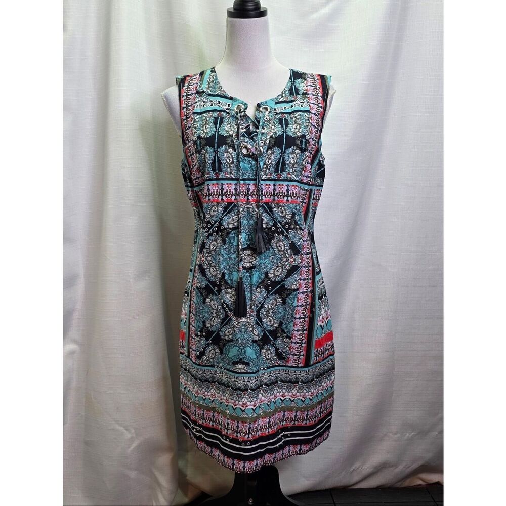 Tribal Femme Blue Aztec Print Lace Neck Sheath Dress Size Small